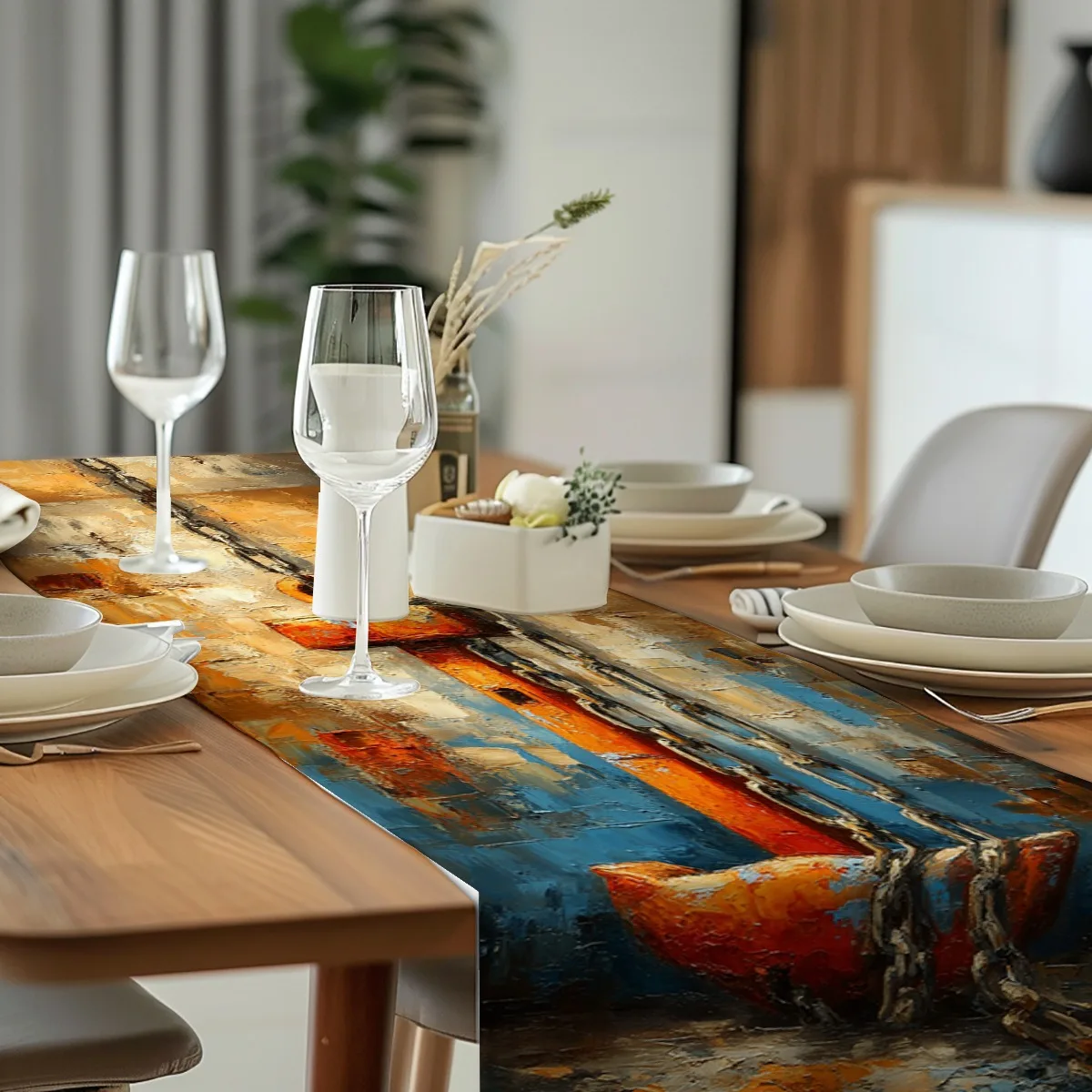 print table runner Rusty Anchor Chain Impasto Style Table Flag for Kitchen, Dining Room, Outdoor Garden Parties Polyester