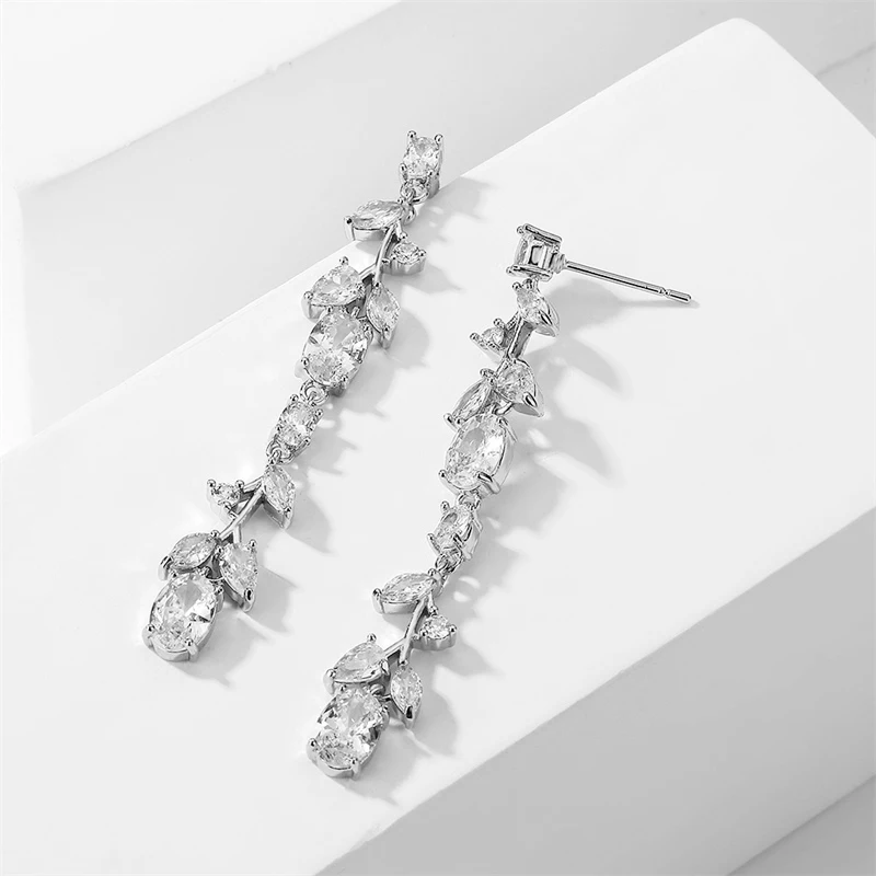 ZAKOL Luxury Leaf Shaped Zirconia Dangle Earrings for Women Shiny CZ Bridal Long Earring Wedding Engagement Jewelry