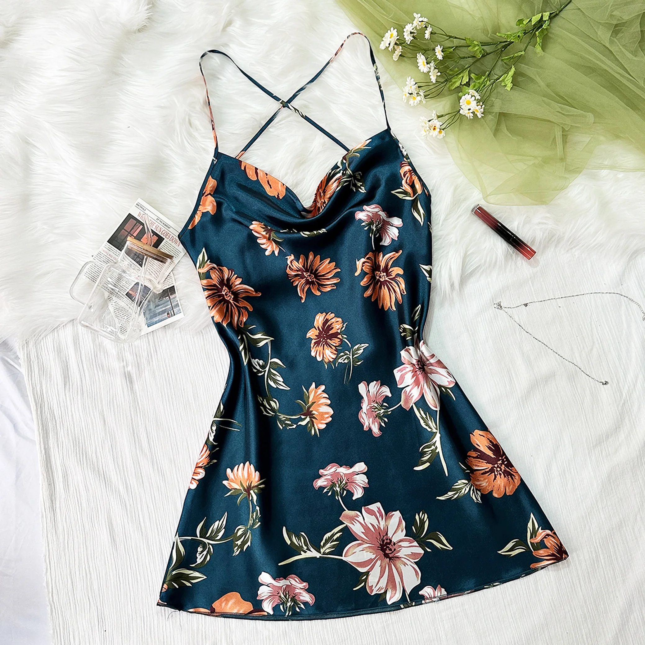 Summer slip dress in thin ice silk silk nightdress imitation silk sexy print halter slip nightdress women