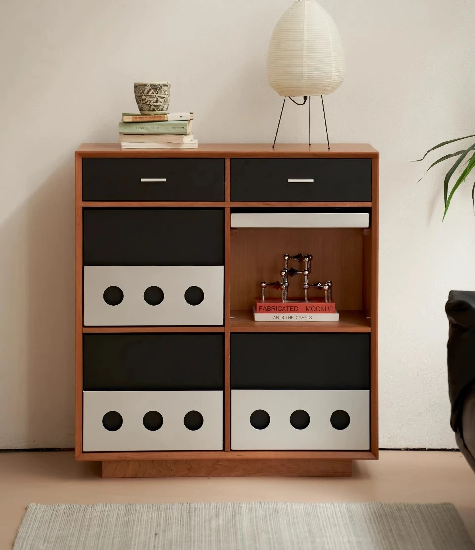

Four-Drawer Cabinet with Solid Wood Flip-Up Doors, Vintage Magazine Living Room Storage Cabinet