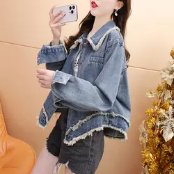 Mode Quaste gespleißt Denim Mäntel weibliche Kleidung lässig einreihig Frühling Herbst Revers koreanische lose Langarm jacken