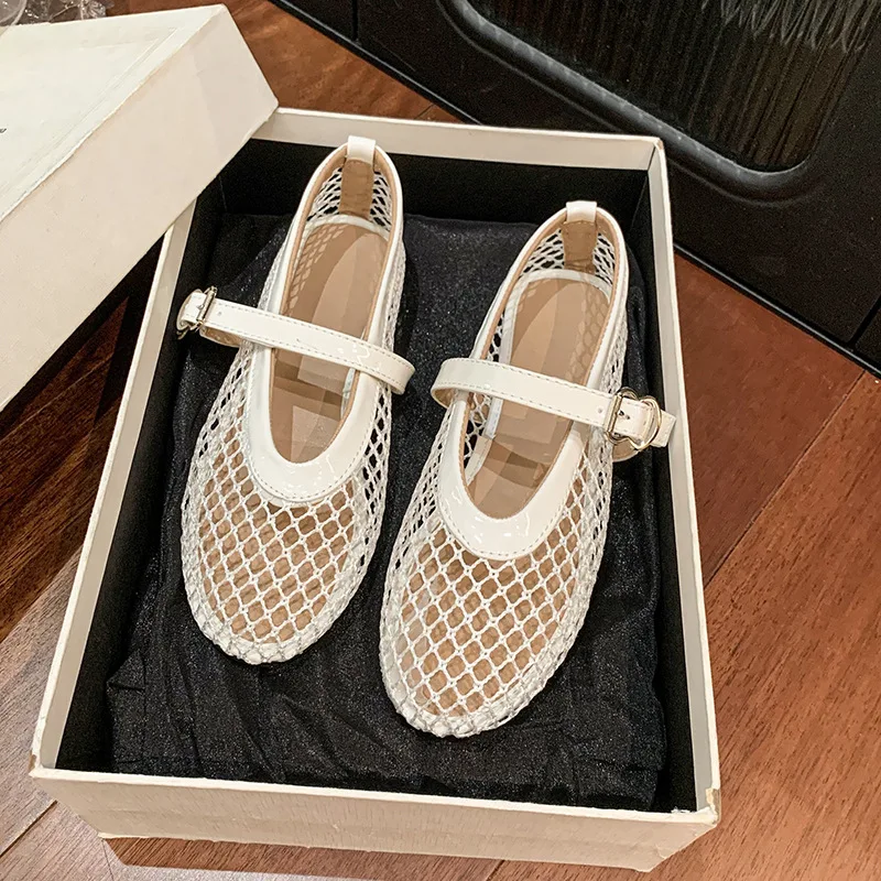 Fishnet Ballet Flats Woman Chic Brand Design Hollow Out Lace Mary Jane Shoes Ladies Summer Sandals Breathable Mesh Zapatos - Image 4