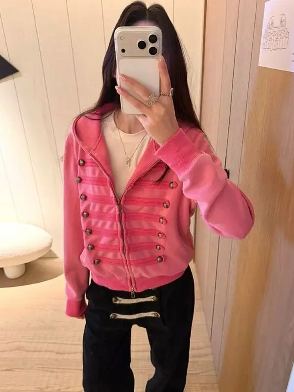 Washed American Design Hoodie Jacket Zipper Casual Loose Couples Sweatshirt Cotton Blend Long Sleeve Short Length Zipper
