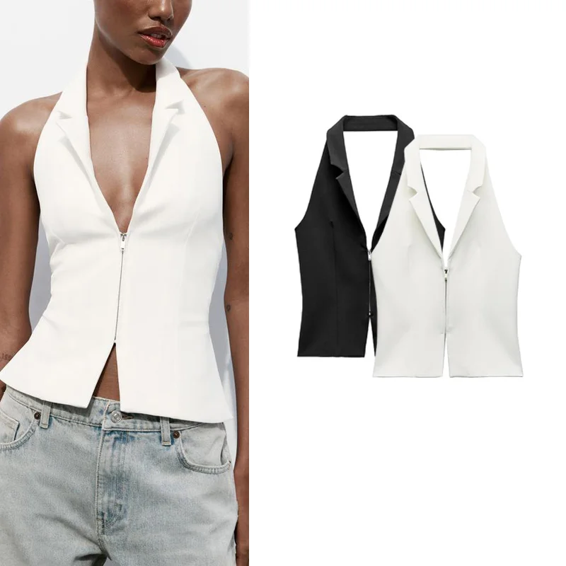 

Spring New Sexy ort Zipper Ba Hanging Neline Top Slim Fit Street Sle Polyester Fiber 8-24 Years Old Women's Vest