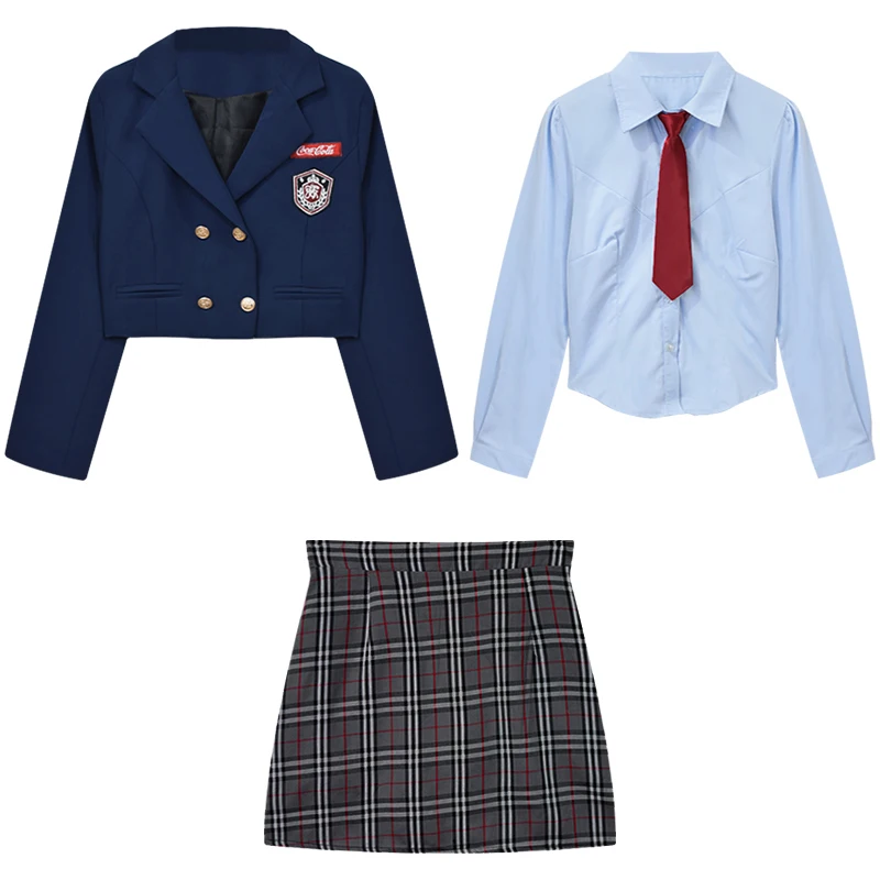 Traje corto de estilo coreano para mujer, conjunto de uniforme JK, Blazer azul marino, camisa de manga larga, falda envolvente a la cadera, primavera y otoño, 2024