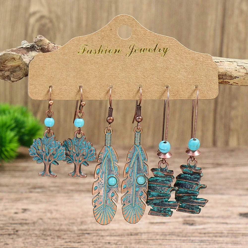 Vintage Bronze Big Tassel Drop Earrings Set Women Ethnic Blue Stone Feather Flower Geometric Earrings Jewelry 2023 Accessories