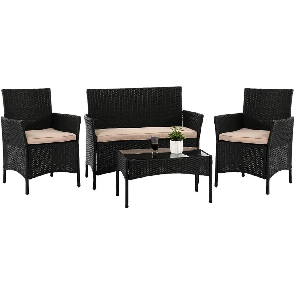 

4-Piece Black Rattan Wicker Patio Furniture Set for Outdoor, Poolside, and Garden Use
