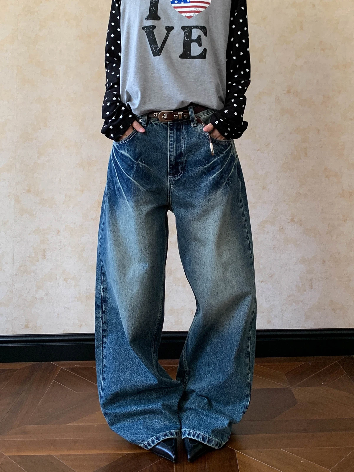 

Джинсы женские Aket American Retro с высокой талией, свободные, широкие штанины, с принтом молнии, из выцветшего хлопка, в стиле Cleanfit