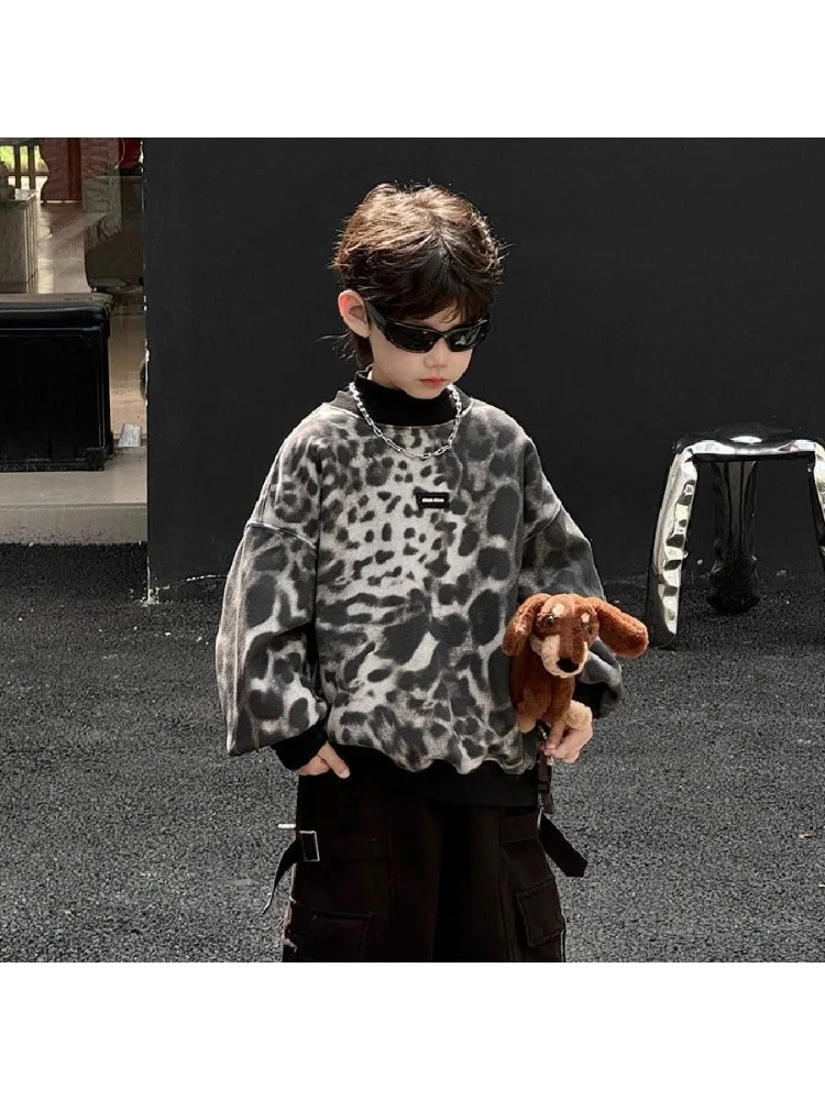 

Boys Sweater Autumn and Winter New Leopard Print Round Neck Long-sleeved Top Fleece Thickened Children's Loose Korean Jacket