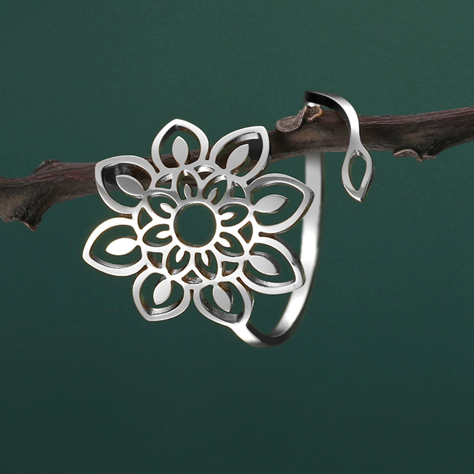 Teamer Filigree Yoga Lotus Flower Stainless Steel Ring Women Open Adjustable Vintage Finger Ring Buddhism Bohemian Jewelry Gifts image 5