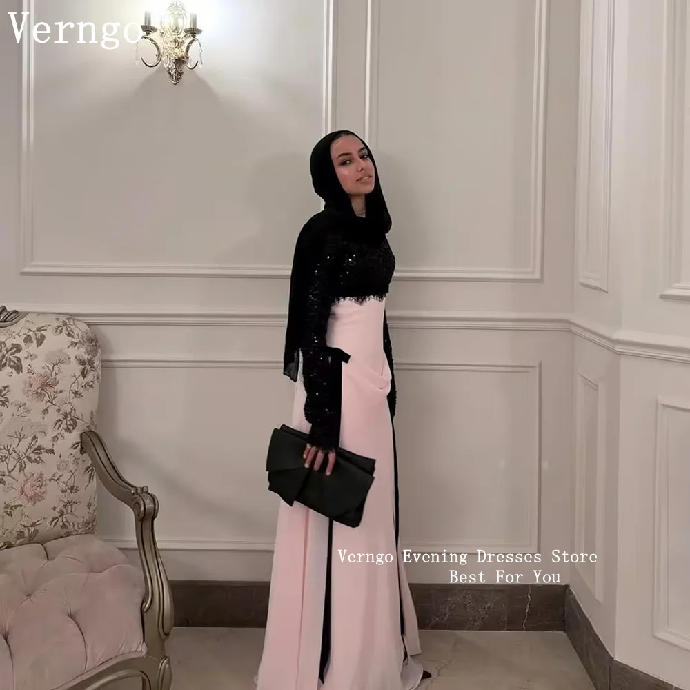 

Verngo Black Pink Crepe Evening Dress Slim axi Modest Mulism Prom Gowns Women Elegant Party Dresses Customized