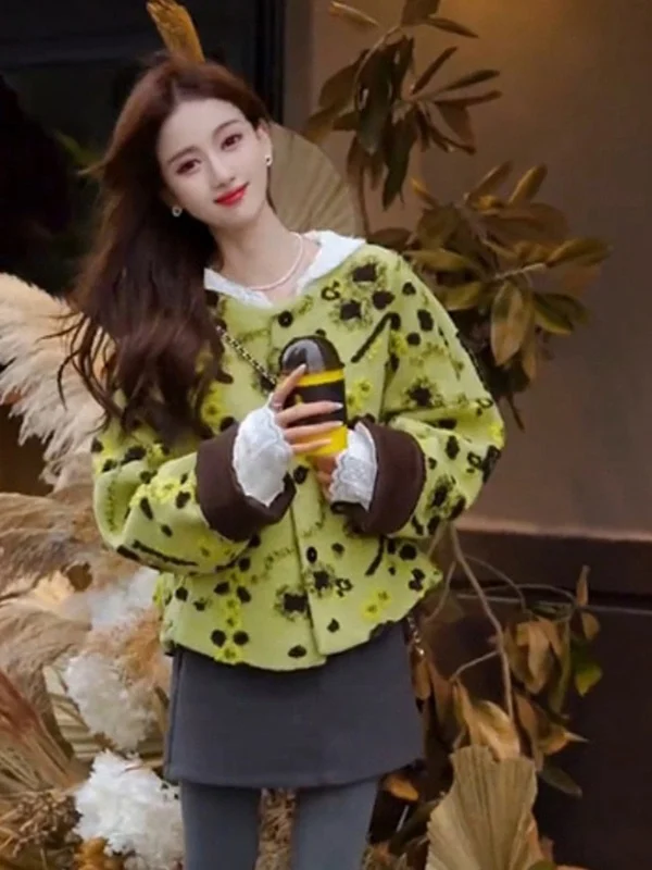 

Faionable Floral 3D Women's Jaet Winter Open Cardigan Sle ort Outerwear Ele Design Loose Fit Long Sve round Ne