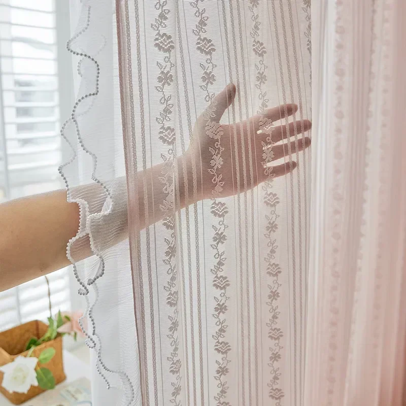 French Window Custom Curtain French Girl Pink Lace Wood Ear Edge Splicing Window Screen Curtains For Living Room Bedroom