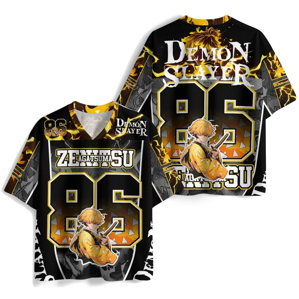 Demon Slayer: My Wife Shanyi Anime Mesh V-neck Shirt T-shirt for Men and Women, Short Sleeved Top, Flame Manga Pattern