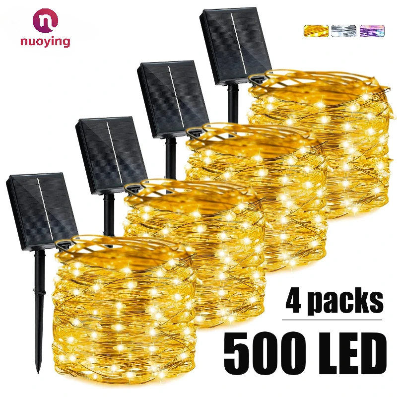 Guirlande solaire d'extérieur LED guirlande féerique 8 modes jardin cour fête décoration de noël lampe en fil de cuivre
