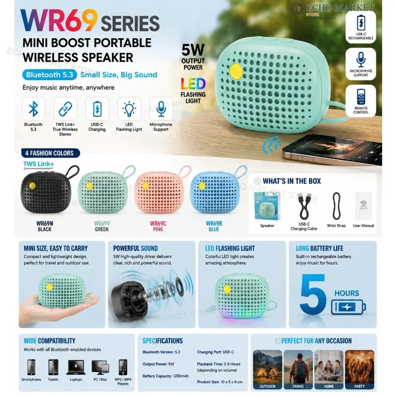 Altoparlante Bluetooth Portatile WR69 5W Mini Altoparlante Wireless Bluetooth 5.3 con Accoppiamento Stereo TWS, Luce LED Lampeggiante, Ricaricabile US
