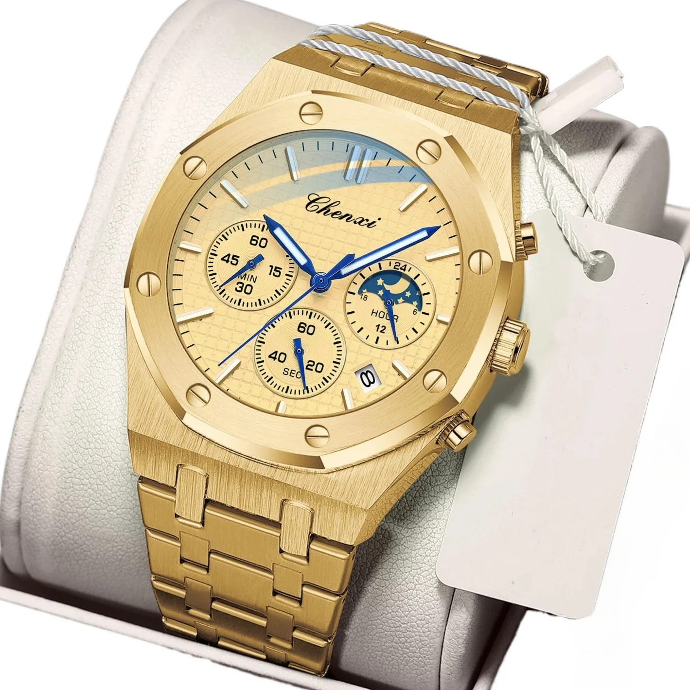 

Мужские роскошные золотые часы из нержавеющей стали, водостойкий хронограф, деловые повседневные наручные часы, подарок