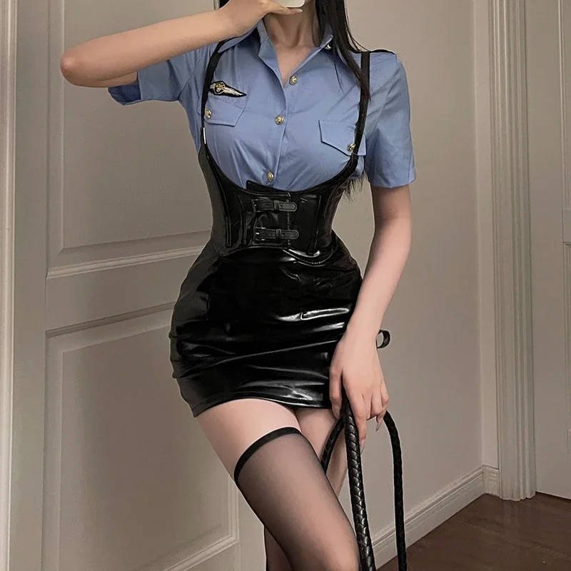 女性のためのセクシーな警察の制服,コスプレ衣装,Tシャツ,ミニスカート,ランジェリーセット,大人のクラブウェア,ハロウィーンのカーニバルパーティー