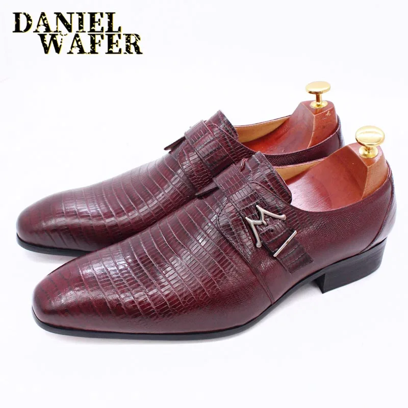 

Luxury Genuine Leather Men's Oxford Shoes Burgundy Black Office Business Dress Loafers with Buckle Pointed Toe for Wedding