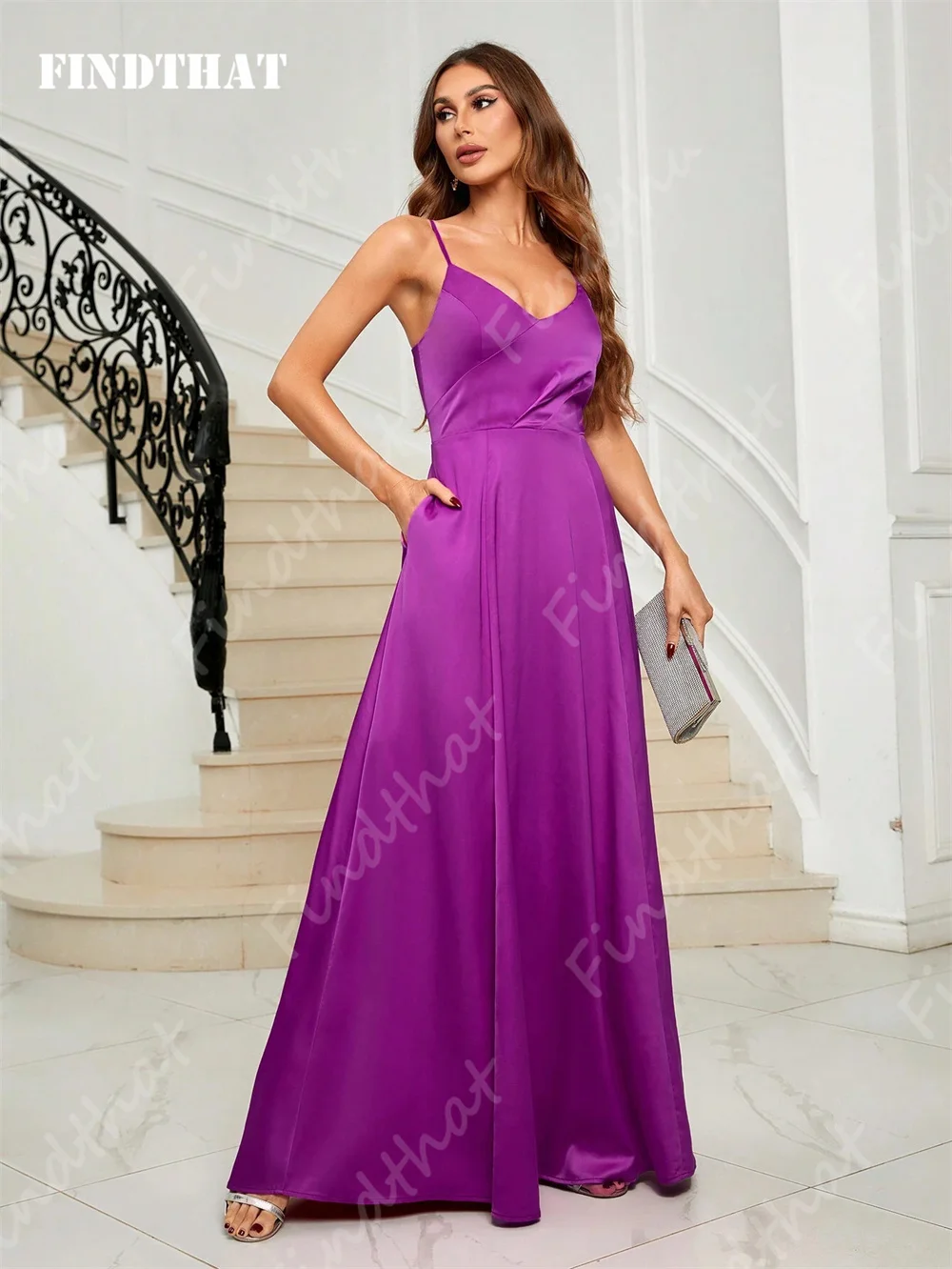 Findthat Simple Purple V-Neck Bridesmaid Dresses 2024 Satin Spaghetti-Straps Evening Party Gowns Custom Floor Length with Pocket