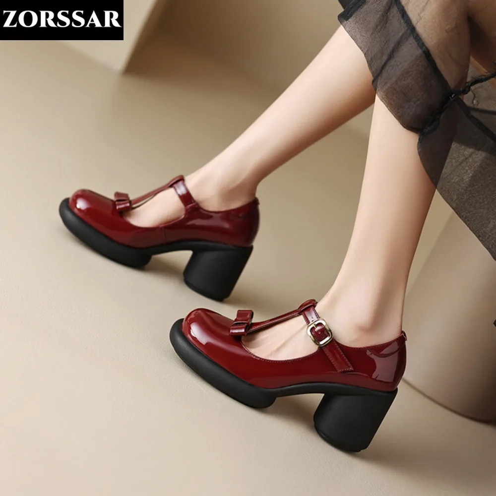 

Big Size Spring Women Pumps Thick Block High Heel Patent Leather Round Toe Autumn Office Dress Party Bridal Red Lady Shoes 34-41