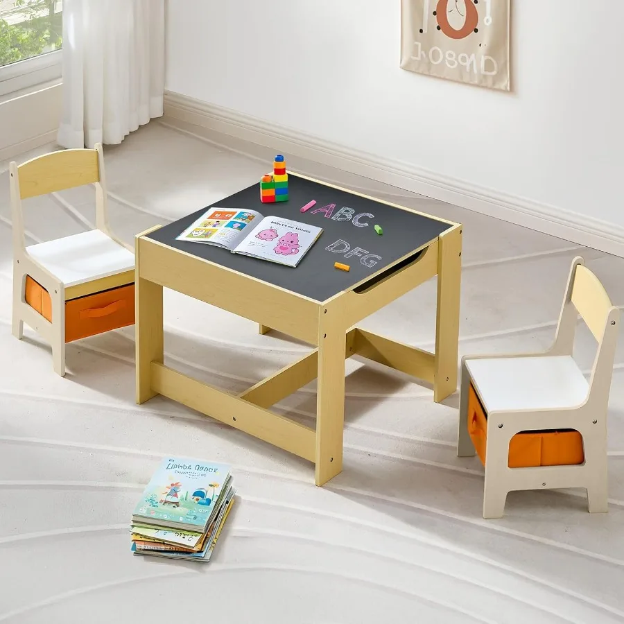 

Table and Chairs Set 4 in 1 Wooden Table with Reversible Tabletop Activity Table with Removable Tabletop Storage Toddler Table