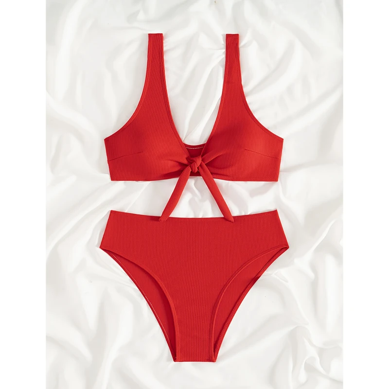 Costume da bagno rosso a vita alta Costume da bagno donna Abiti a due pezzi Costumi da bagno Costume da bagno annodato femminile Abbigliamento da spiaggia Costume da bagno per le vacanze 2025
