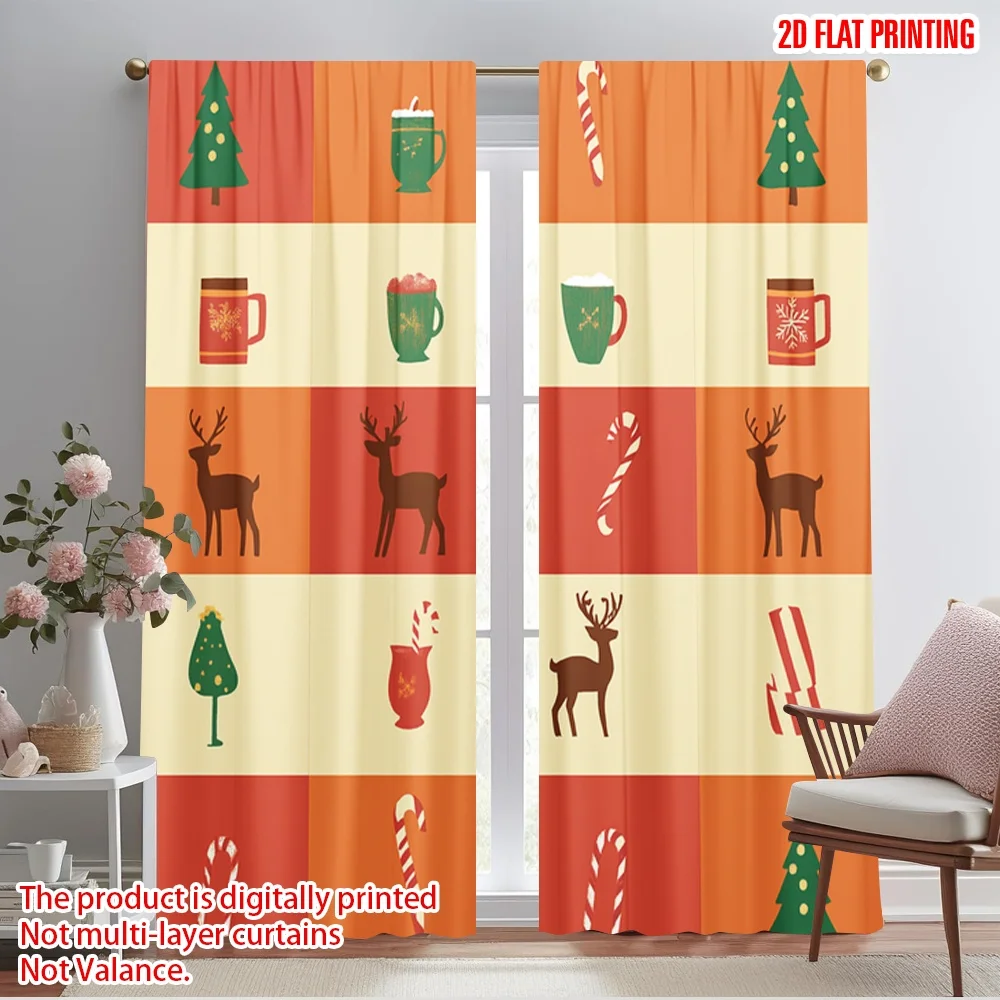 2pcs,2D plane printing Creative Curtains Christmas tree reindeer candy cane Versatile Fabric (without rod) Decorations Outdoor