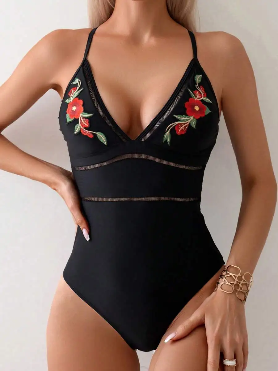 

Floral Embroidered One-Piece Swimsuit For Women Summer Beach Wear