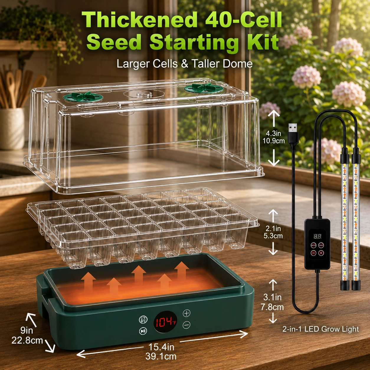 40-Cell Heated Seed Starter Kit w/ Grow Light, Humidity Dome & Integrated Heating, 1-24H Timer, for Indoor Germination