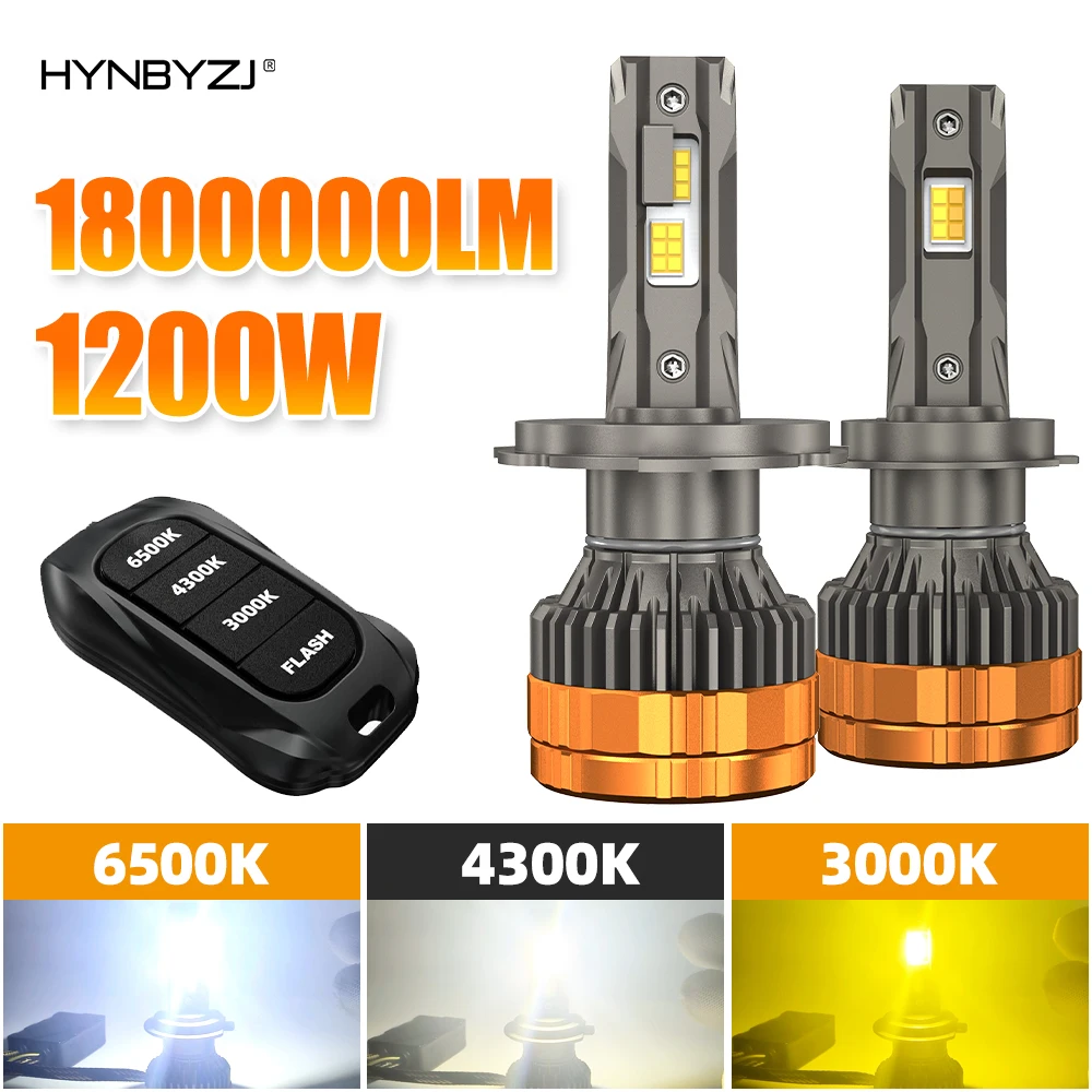 

HYNBYZJ H7 1200W H4 LED Headlights H1 H11 9005 9006 9012 6500K 4300K 3000K Three Color Remote Control for Car Headlights Lights