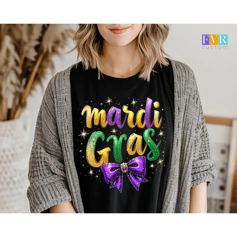 Glitter Mardi Gras T Shirt Colorful with and Bow Parade Outfit for Parties Carnival Enthusiasts