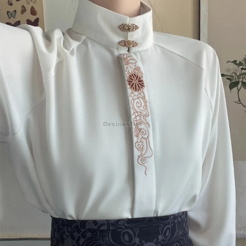 

2025 chinese style embroidered stand-up collar long sleeve hanfu shirt for women elegant loose style women tang suit chinese top