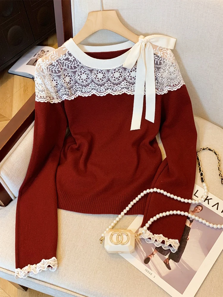 Women Christmas Red Pullover Cashmere Sweater Harajuku Korean Y2k Long Sleeves Lace Sweaters Jumper Vintage 2000s Clothes Autumn