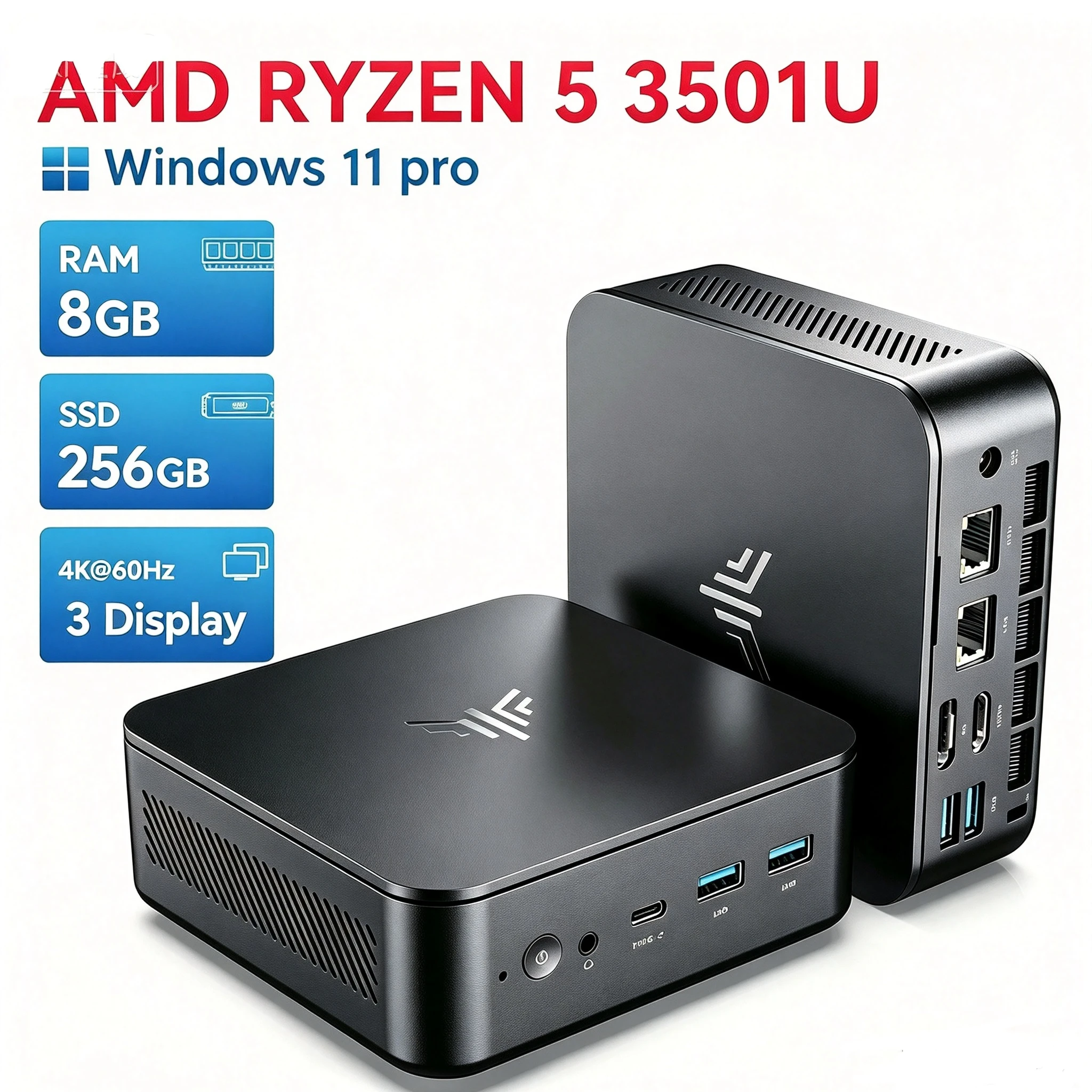 NIPOGI 미니 PC, AMD 라이젠 5 3501U 프로세서(4코어, 8스레드, 3.7GHz), DDR4 8GB 메모리, 256GB 저장 공간, 트리플 디스플레이 지원, Windows 11 Pro, Wi-Fi 5, 블루투스 4.2. 가정, 사무실, 사업용으로 적합.