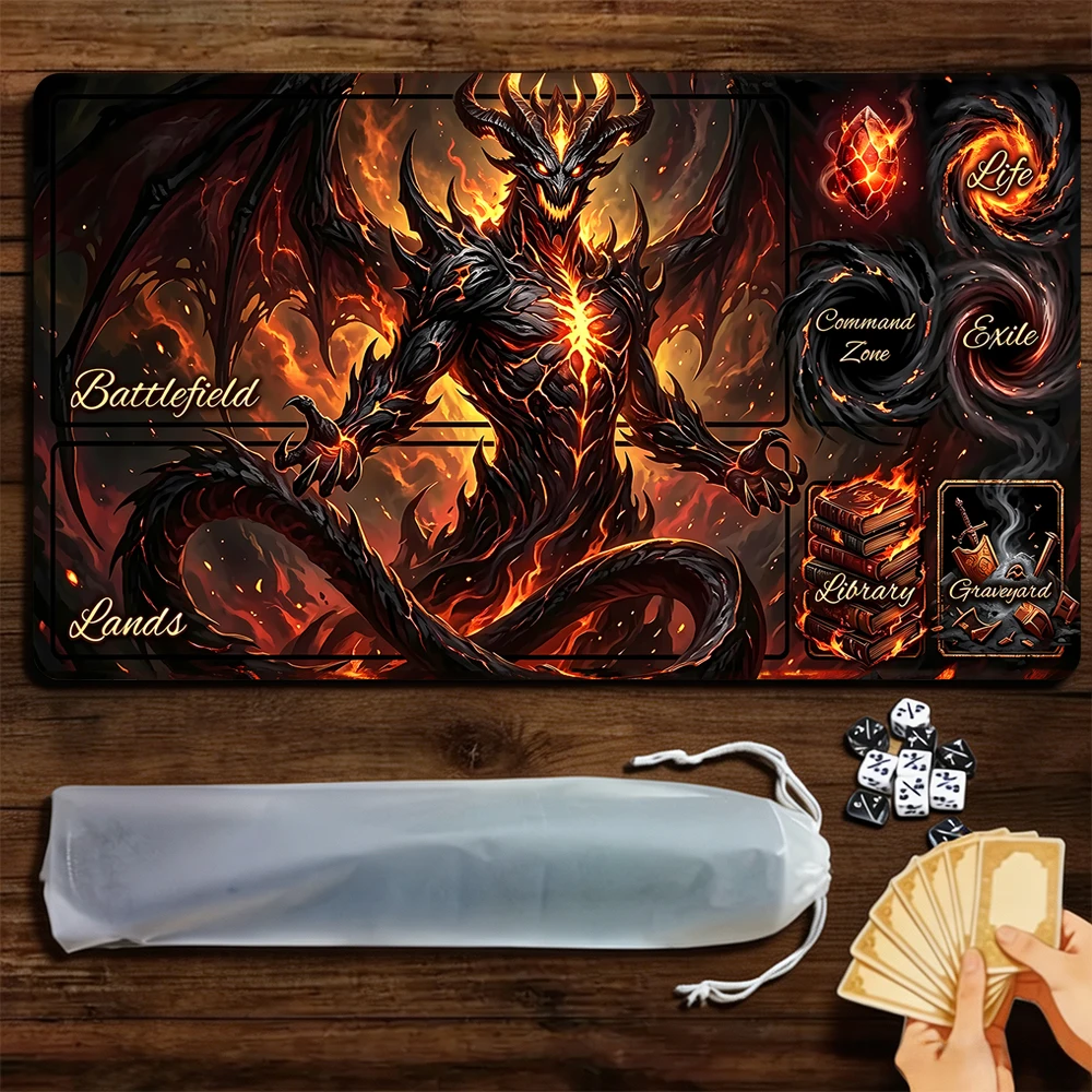 Lava Demon Dragon TCG Playmat Magic Playmat Gathering Gaming Mat with Stitched Edge Anti-slip base 60X35cm Trading Card Game