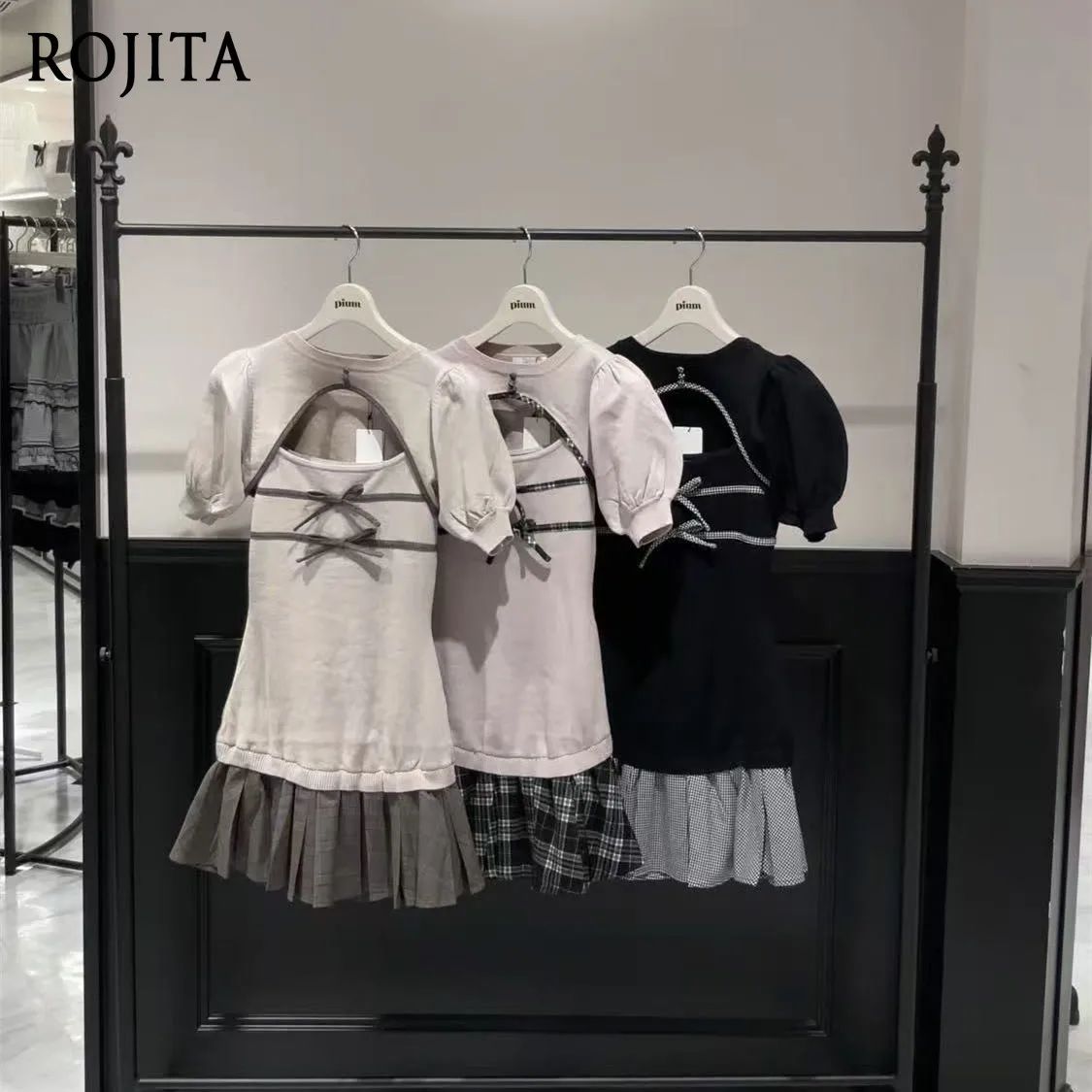 College Style Plaid Pleated Dress Pendulum Splicing Suspender Dress + Puffed Short Sleeves Top Two-piece Sets Women