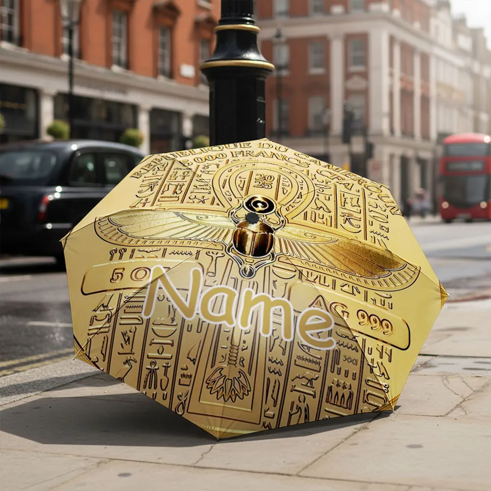 Custom Name umbrella, Gold Coin Design with Egyptian Hieroglyphics Scarab Fashion Folding Umbrella for Sunny and Rainy Days