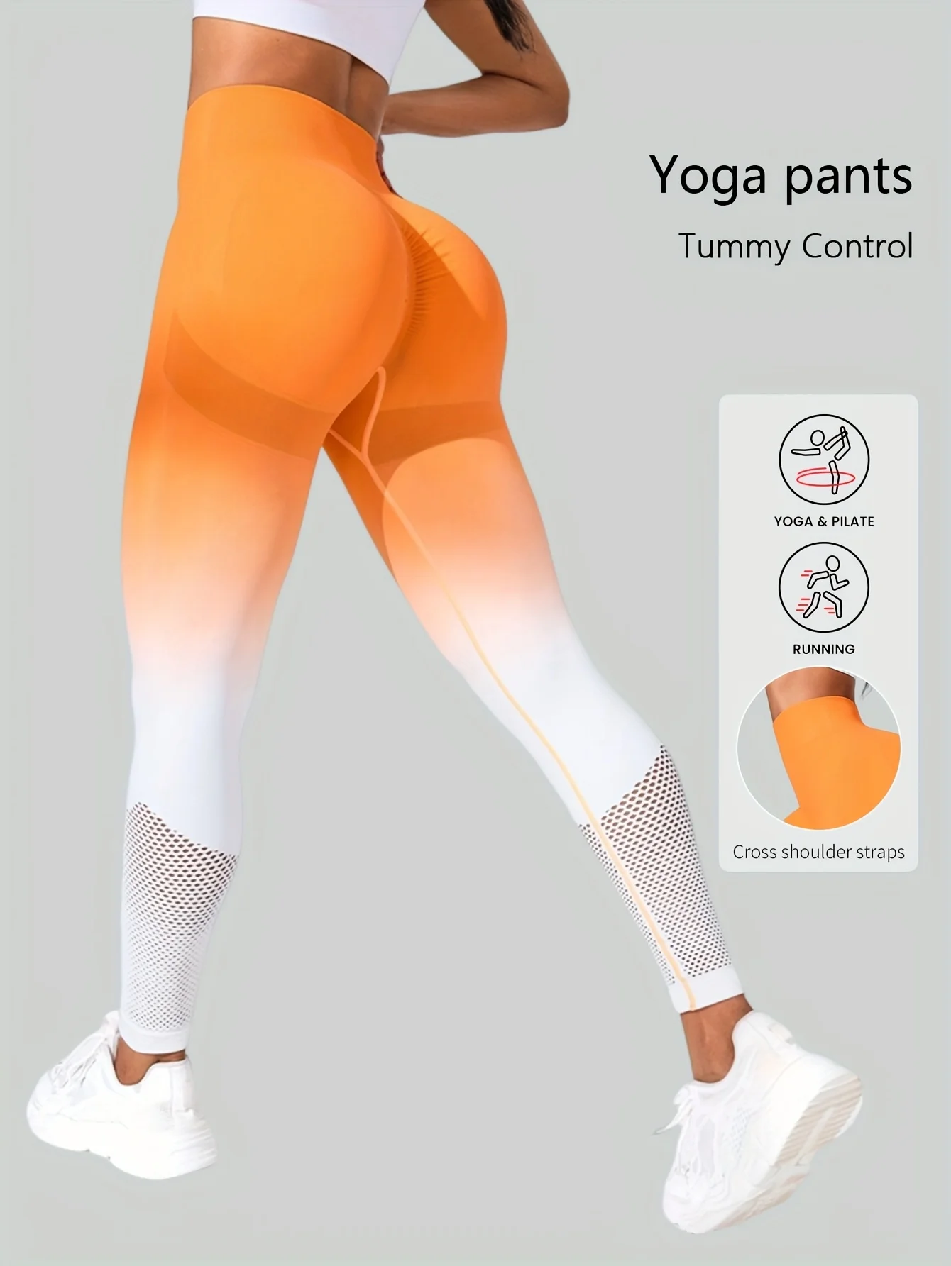 Women Mid‑Rise Fleece Lined Leggings Gradient Orange White Mesh Splicing Slim Stretchy Sports Casual Pants