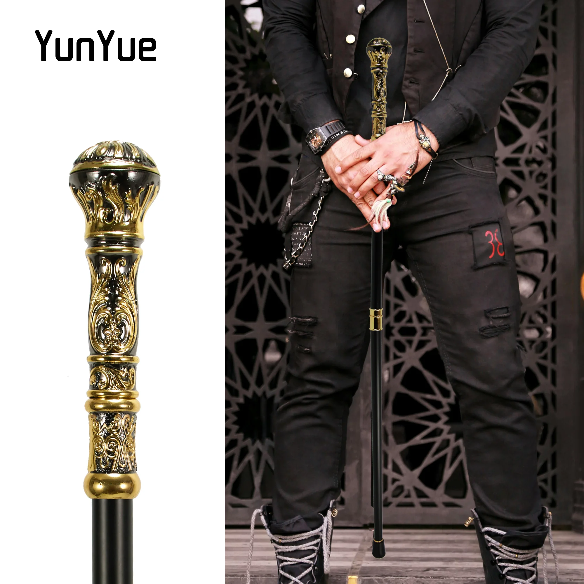 Golden Black Luxury Round Handle Fashion Walking Stick for Party Suits Decorative Walking Canes Gentlemen Elegant Vintage Cane