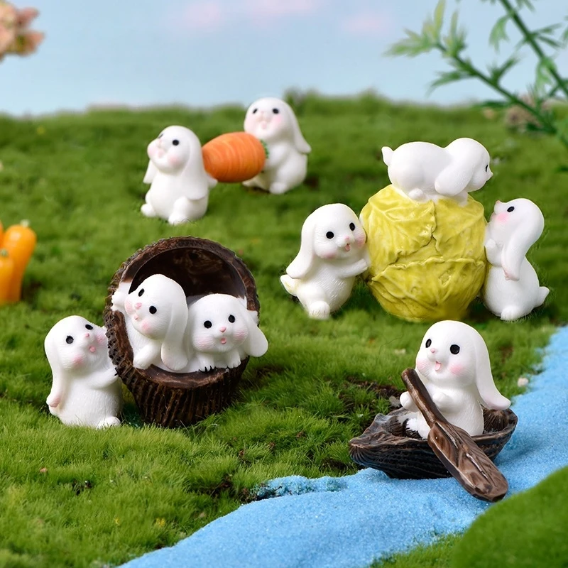 Cute Bunny with Vegetables Resin Miniature Set - Rabbit, Carrot, Cabbage & Boat Ornaments for Terrarium & Garden Decor