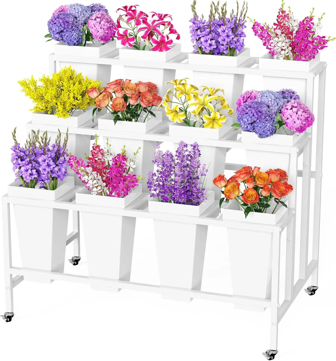 Heavy Duty Flower Display Stand Metal Plant Holder Shelf Moving Flower Cart Bucket Rack Mobile Storage Organizer Shelf Outdoor Garden Patio Florist Living Room White
