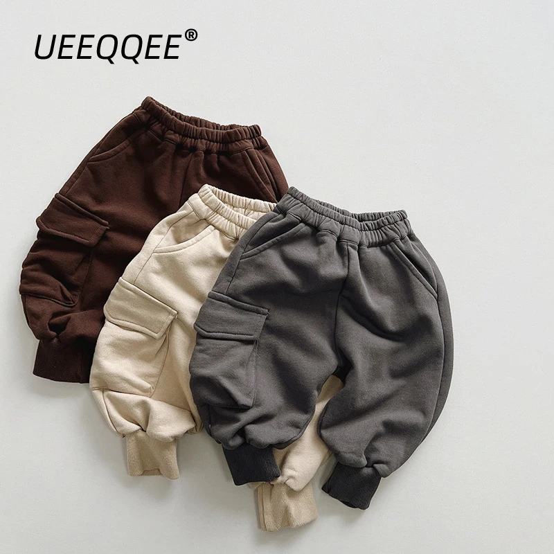 Spring Autumn Children Pants 1-8Y Boys Cotton Pocket Loose Cargo Sweatpants Daily Trousers Korean Toddler Wear Kids Clothing New