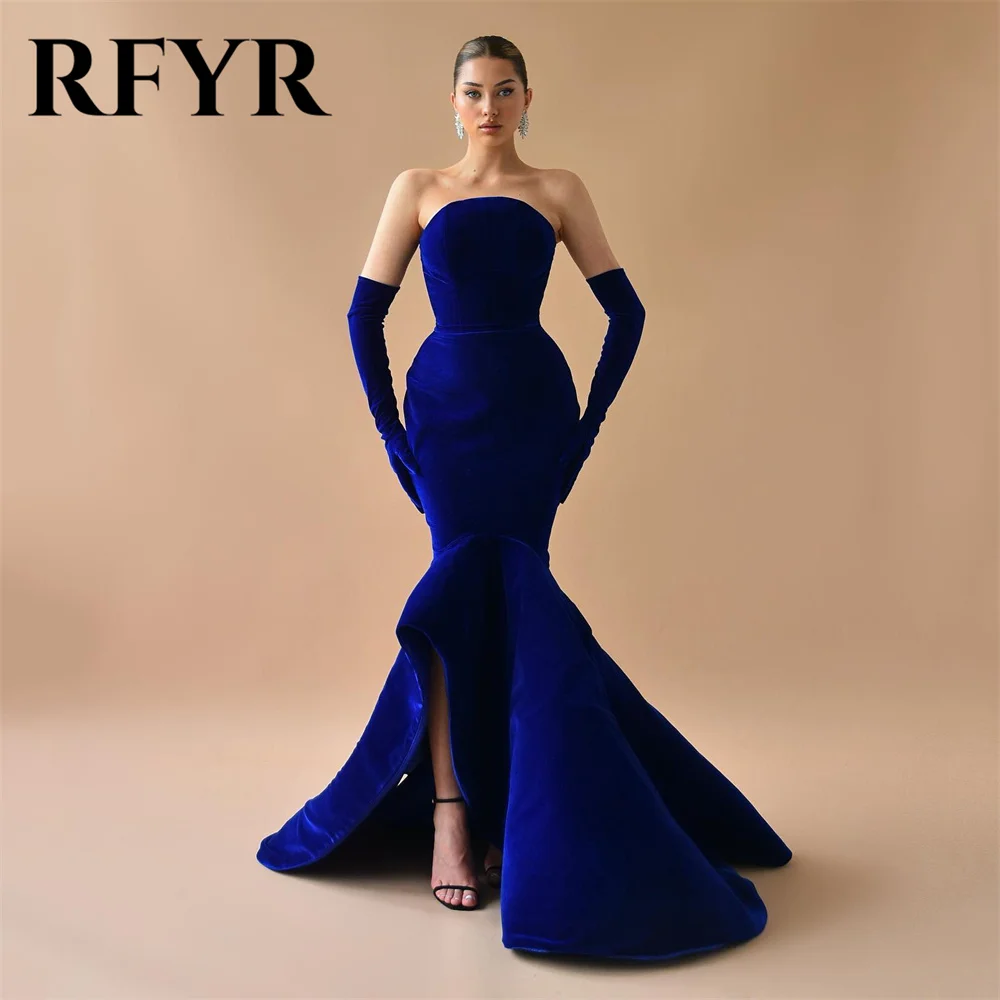 RFYR-Robes de soirée sirène élégantes avec gants pour femmes, velours, train de balayage, robe de soirée éducative, robe de Rhformelle personnalisée