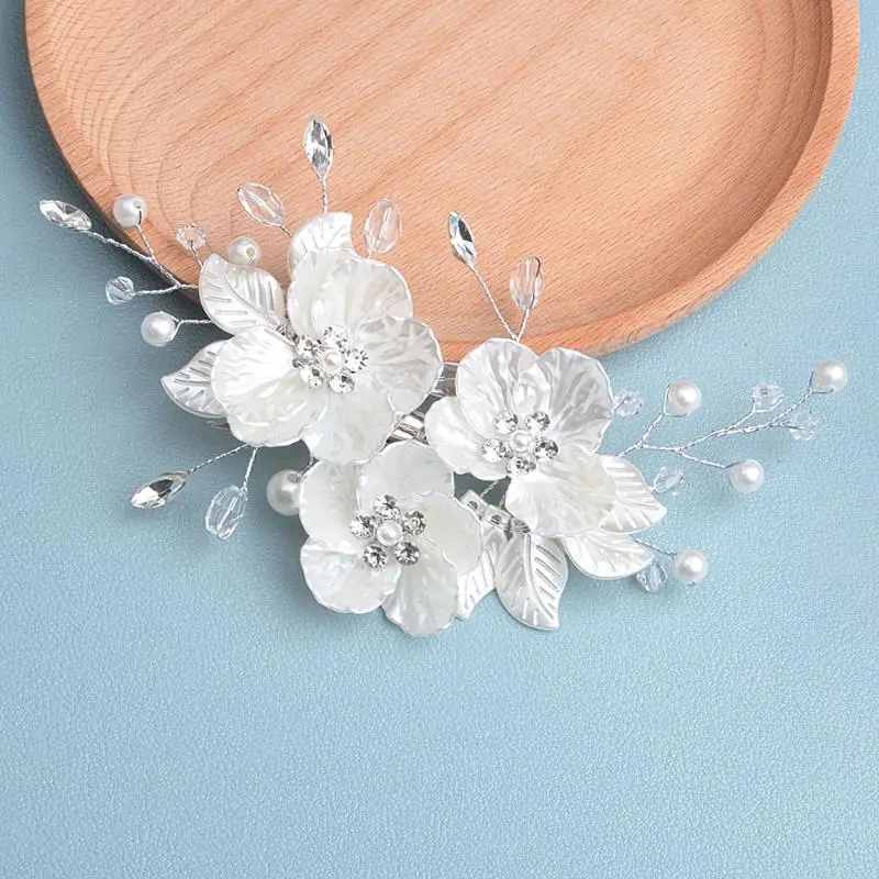 1 Stück Handgefertigter Weißer Braut-Kopfschmuck Neuer Kristall-Perlen-Blumen-Brautkopfschmuck Elegante Luxuriöse Hochzeits-Haarnadel für Frauen – Detail 12