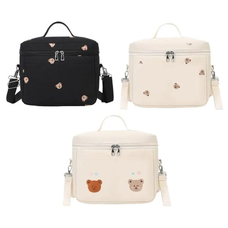 

U13F Mom Bag Travel Thermal Storage Bags Embroidery Bear Crossbody Shoulder Bag Kids Bottle Doll Toy Bag
