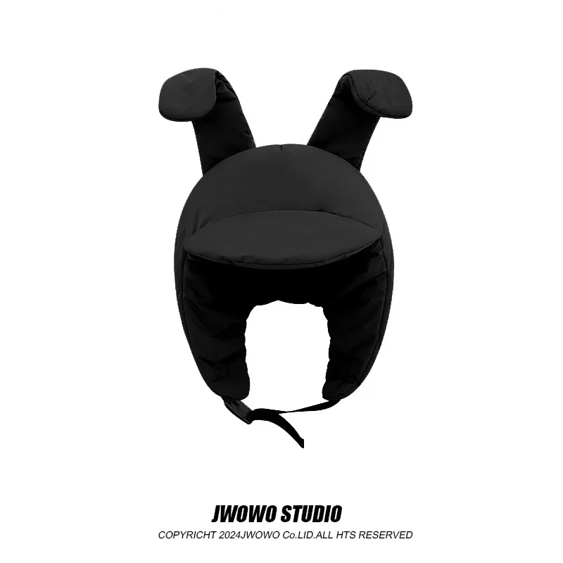 Cute Rabbit Ears Down Padded Lei Feng Cap for Men and Women Winter Riding Warm Ear Protection Solid Color Flight Bomber Hats