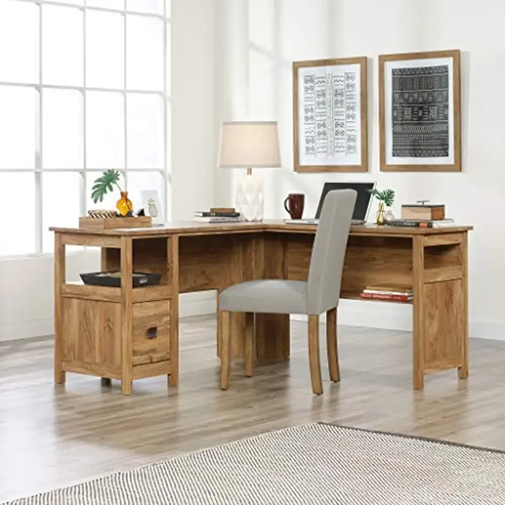 L-Desk with File Drawer and Cord Management Sindoori Mango Finish 59.06