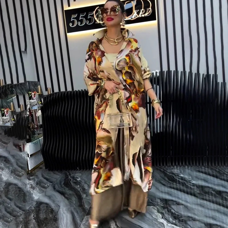 Conjuntos de pantalones para mujer, camisas estampadas, cárdigan largo de dos piezas con una hilera de botones, pantalones elegantes empalmados de cintura alta, pantalones de oficina para mujer