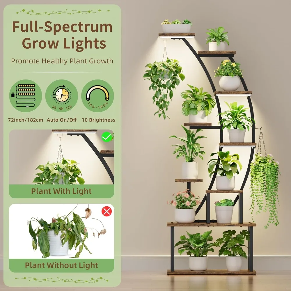 Suporte para plantas interno com luzes de cultivo, prateleira de metal para plantas de 9 camadas, suporte para plantas de 63" de altura para plantas de interior múltiplas